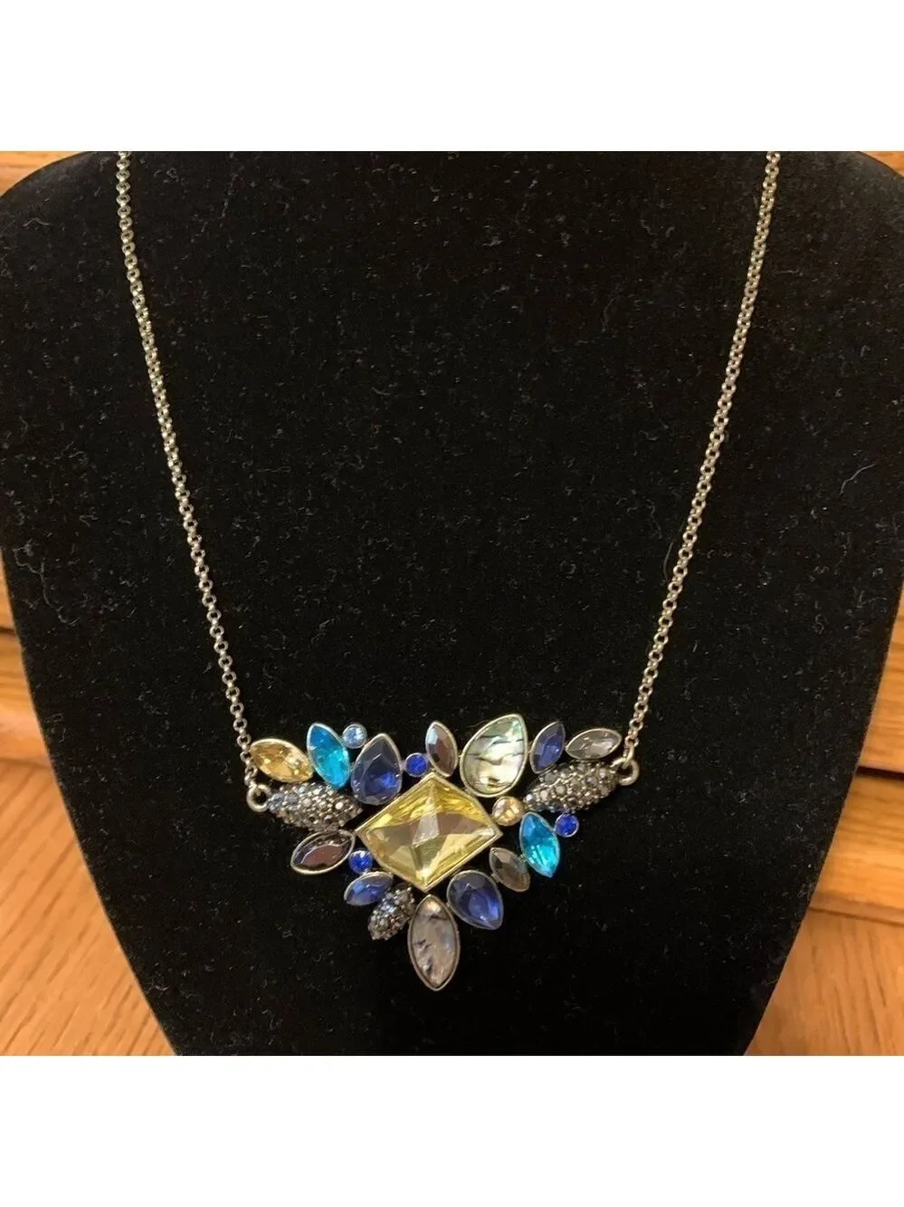 Jeweled statement necklace, blue gold abalone new prom formal dance glam